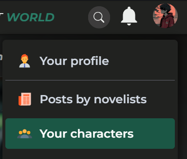 User menu with Your Characters option